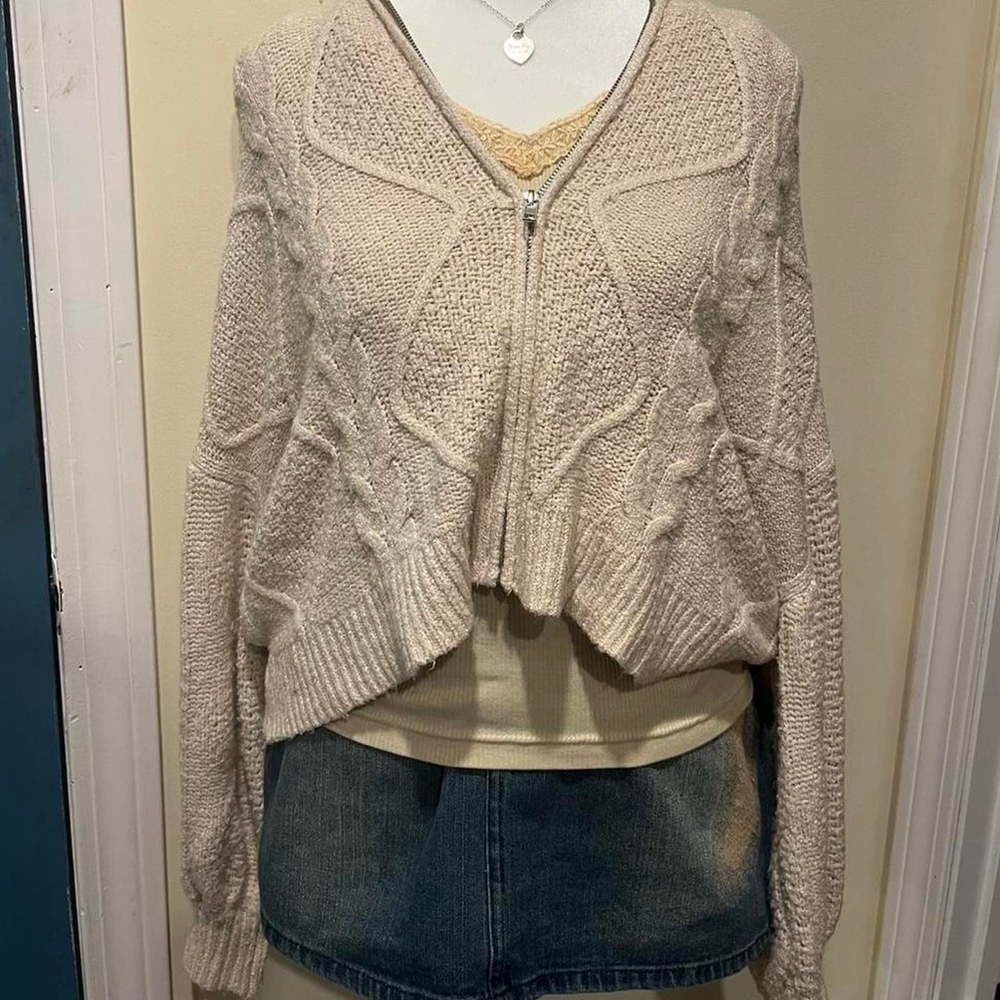 Fashion Nova Y2K inspired cream zip-up cable knit sweater with a hood